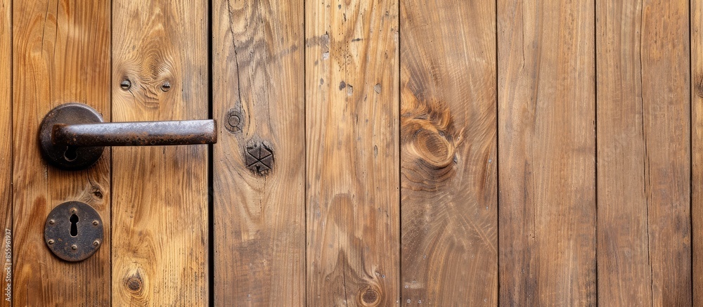light brown convention wooden door with door handle and key lock. Copy space image. Place for adding text and design