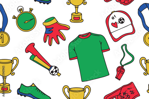 Seamless pattern of clothing and paraphernalia of football players in doodle style. Football decorative illustration. 