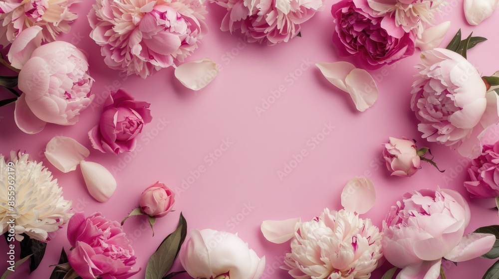 Wed. Romantic Floral Frame for Valentine's Day, Mother's Day. Pink Peonies and Roses with Text Space on Nature Background Wed. Romantic Floral Frame for Valentine's Day, Mother's Day. Pink Peonies and Roses with Text Space on Nature Background