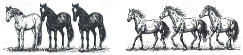 Ink sketch of vintage engraving isolated horse. Wild equine background with nag and mustang silhouettes. Black and white hand drawn modern illustration.