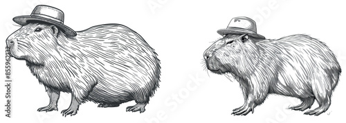 Hand drawn black and white illustration of capybara set dressed in santa costume sketch. Vintage engraving isolated capybara set dressed in christmas illustration rodent ink.