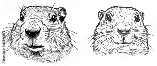 This is a vintage engraving that shows an isolated marmot set illustration with a groundhog ink sketch on a woodchuck silhouette background. It is black and white and a handdrawn design.