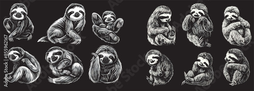 Embossed sloth set isolated in black and white