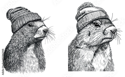 Vintage illustration of a marmot glasses dress and hat with a woodchuck background sketched in ink. Black and white drawing of a woodchuck with a silhouette.