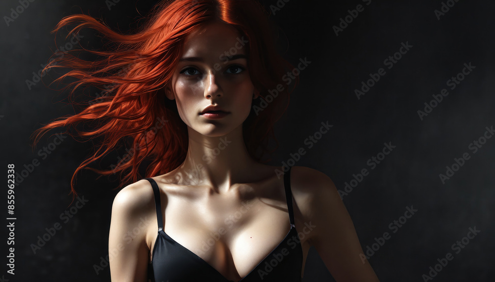 Woman with waving hair on black background. Girl with fiery red hair. Waving red hair. Ridge-haired woman, dark background. Red hair in the wind. lingerie black bra. Woman in underwear, swimsuit Woman with waving hair on black background. Girl with fiery red hair. Waving red hair. Ridge-haired woman, dark background. Red hair in the wind. lingerie black bra. Woman in underwear, swimsuit