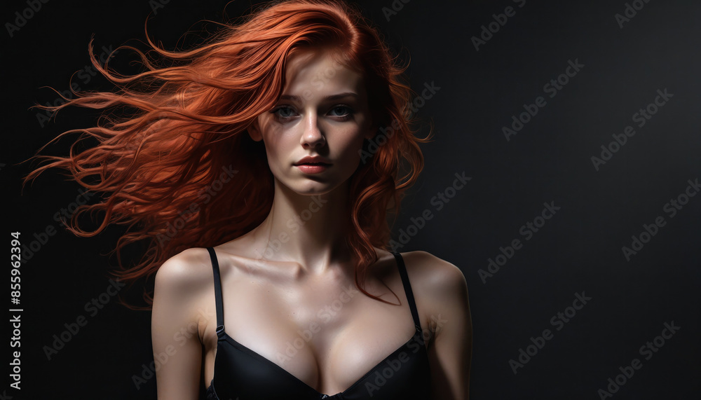 Woman with waving hair on black background. Girl with fiery red hair. Waving red hair. Ridge-haired woman, dark background. Red hair in the wind. lingerie black bra. Woman in underwear, swimsuit Woman with waving hair on black background. Girl with fiery red hair. Waving red hair. Ridge-haired woman, dark background. Red hair in the wind. lingerie black bra. Woman in underwear, swimsuit