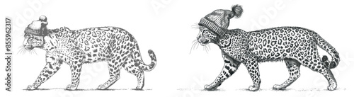 Illustration of a vintage engraving isolated cat glasses dressed in fashion set illustration in ink. Pet background kitten silhouette whisker sunglasses hipster hat art. Black and white hand drawn