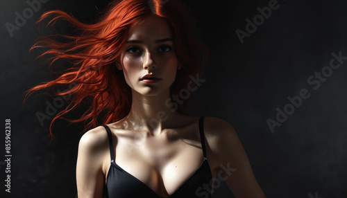 Woman with waving hair on black background. Girl with fiery red hair. Waving red hair. Ridge-haired woman, dark background. Red hair in the wind. lingerie black bra. Woman in underwear, swimsuit