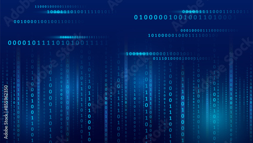 Blue background with data flow. Binary code, artificial intelligence. Program code. Computer background of numbers. Analytics, sorting, structuring, information transfer.