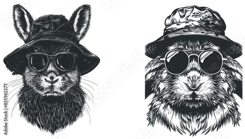 Isolated isolated rabbit glasses drawing ink sketch. Easter bunny background jackrabbit silhouette sunglasses hipster hat art.