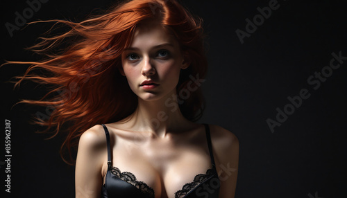 Woman with waving hair on black background. Girl with fiery red hair. Waving red hair. Ridge-haired woman, dark background. Red hair in the wind. lingerie black bra. Woman in underwear, swimsuit