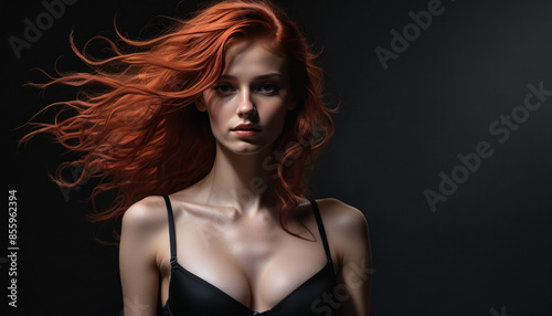 Woman with waving hair on black background. Girl with fiery red hair. Waving red hair. Ridge-haired woman, dark background. Red hair in the wind. lingerie black bra. Woman in underwear, swimsuit