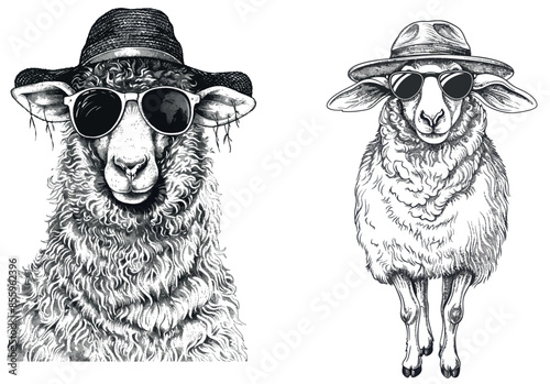 Hand drawn and engraved vintage engraving of lamb glasses dressed fashion set illustration. Farm animal sheep background mutton silhouette sunglasses hipster hat art.