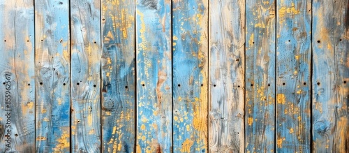 Vintage background made of natural old boards of gray-blue and yellow colors. Copy space image. Place for adding text and design © Ilgun