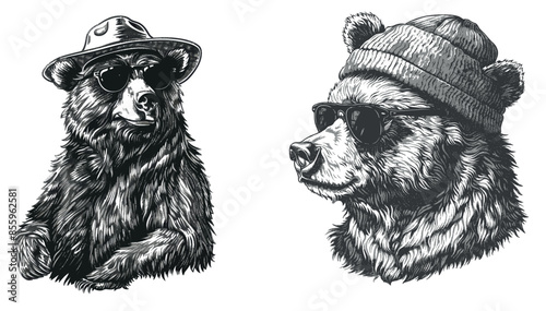 Ink costume sunglasses sketch of vintage engrave isolated black bear set in a fashion illustration. American grizzly background asian animal silhouette glasses hipster hat modern illustration.