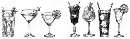 Drink illustration illustration. Alcohol background glass silhouette menu art. Black and white illustration.