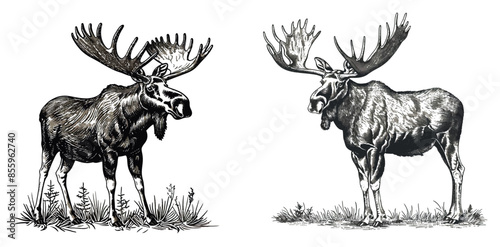 Illustration of an isolated black and white elk drawn by hand in modern style