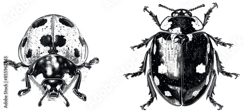 Hand drawn graphic illustration of an isolated ladybug engraved in metal