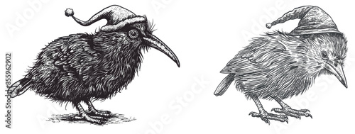 An illustration of a black and white engrave of a Kiwi bird