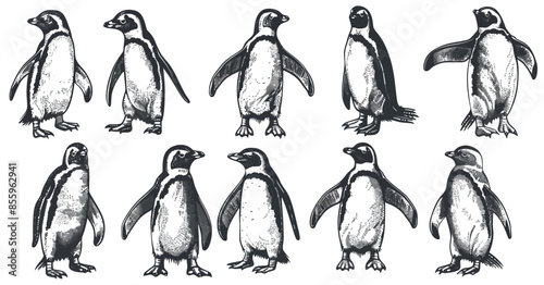 A vintage illustration of a set of penguins isolated in ink on a wild bird background.