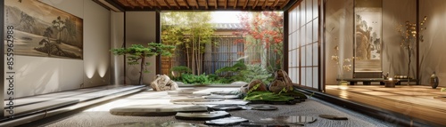 Stone pathway winding through a room with Fusuma panels and traditional artwork