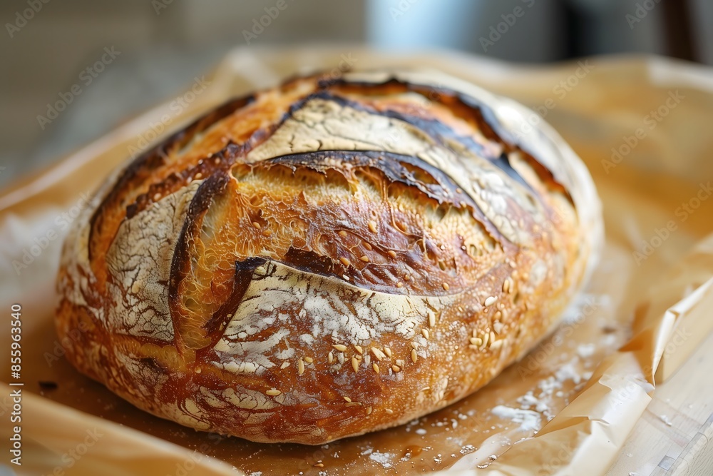 A close-up of a delicious, crispy, and freshly baked sourdough bread A close-up of a delicious, crispy, and freshly baked sourdough bread