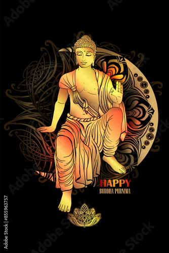 Buddha sitting and blesses, with an illuminated face on the background of the mandala. Buddha Purnima Background. Happy Buddha Vesak greeting card