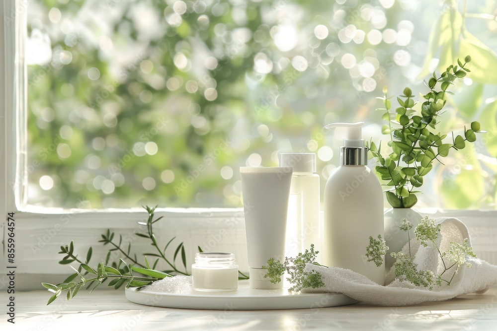 Skin care products on white table and venetian window background. Front view. Horizontal composition. Skin care products on white table and venetian window background. Front view. Horizontal composition.