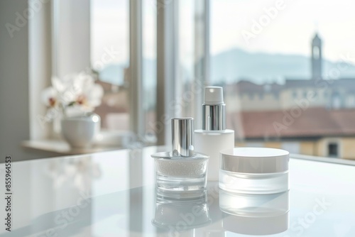 Skin care products on white table and venetian window background. Front view. Horizontal composition. photo