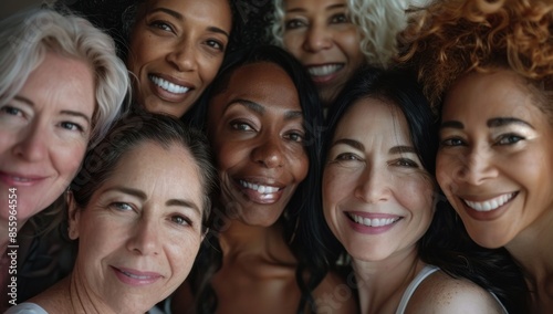 This close-up image portrays multiracial women taking a selfie, capturing their joyous expressions and capturing different generations. Multiracial Group, multigenerational, Senior, French