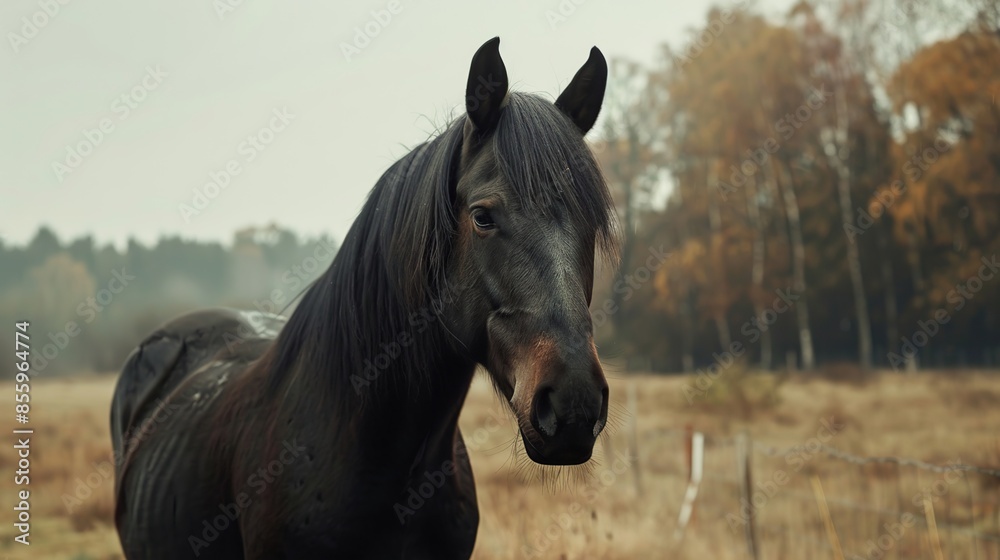 Fototapeta premium Black horse standing in the meadow facing the camera