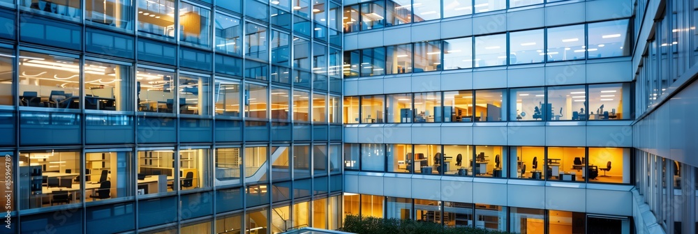 Exterior view to glass facade of modern styled office building