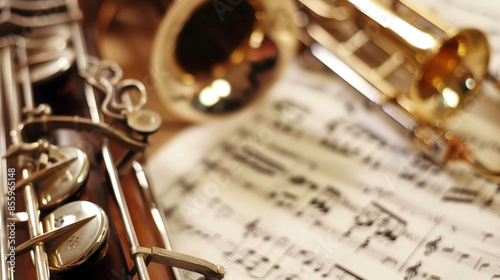 Various musical instruments lie on sheet music of a symphony photo