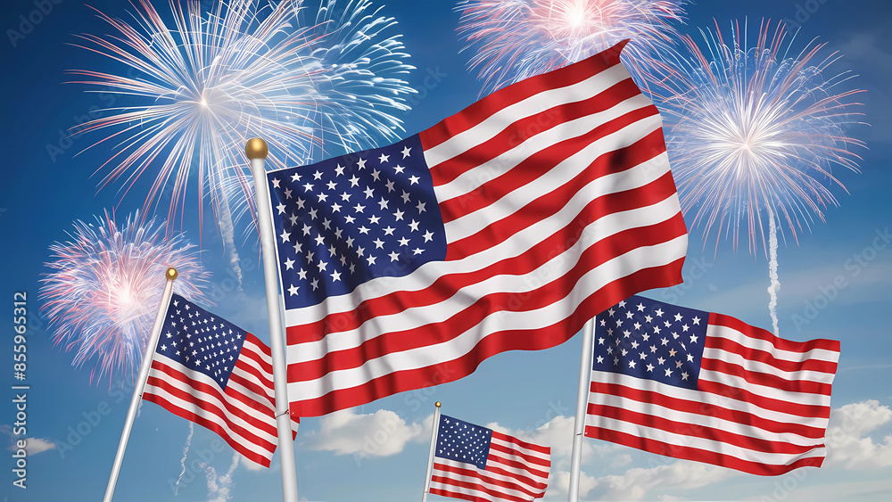 A poster for Independence Day of USA with a flag and some fireworks in the background A poster for Independence Day of USA with a flag and some fireworks in the background