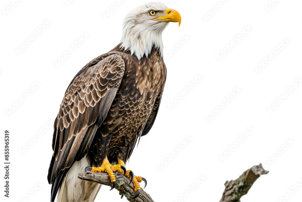 Fototapeta premium A majestic bald eagle perched on a branch, showcasing its sharp yellow beak and striking plumage against a clear background.
