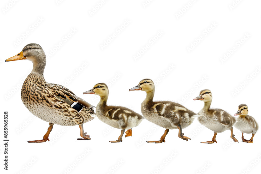 A mother duck leading her ducklings in a row, showcasing family and togetherness in nature. A mother duck leading her ducklings in a row, showcasing family and togetherness in nature.