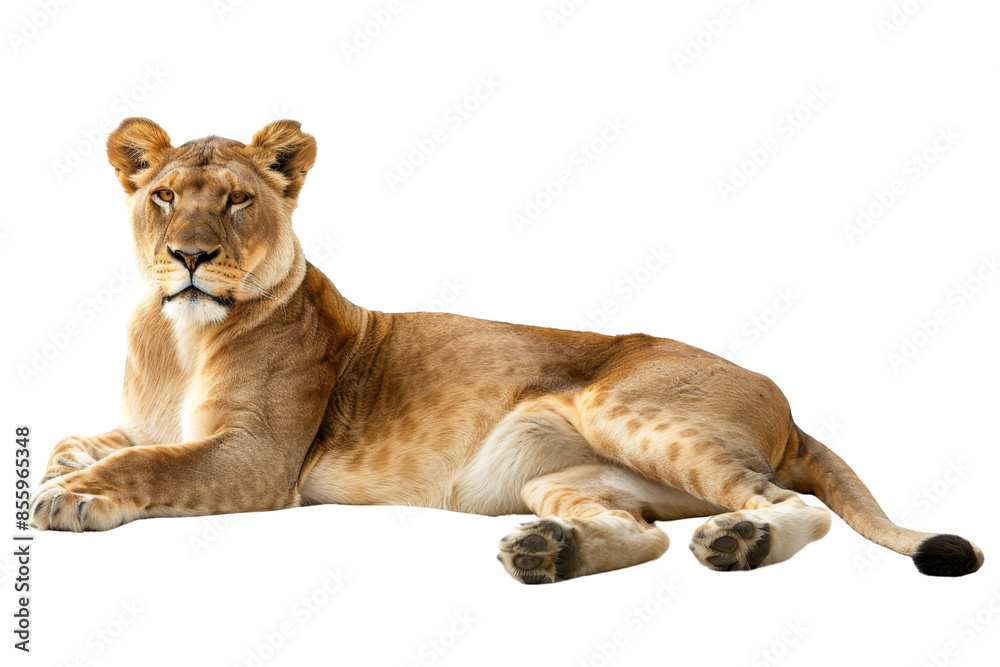 A majestic lioness lounges on the ground, displaying grace and strength in her natural habitat. A majestic lioness lounges on the ground, displaying grace and strength in her natural habitat.