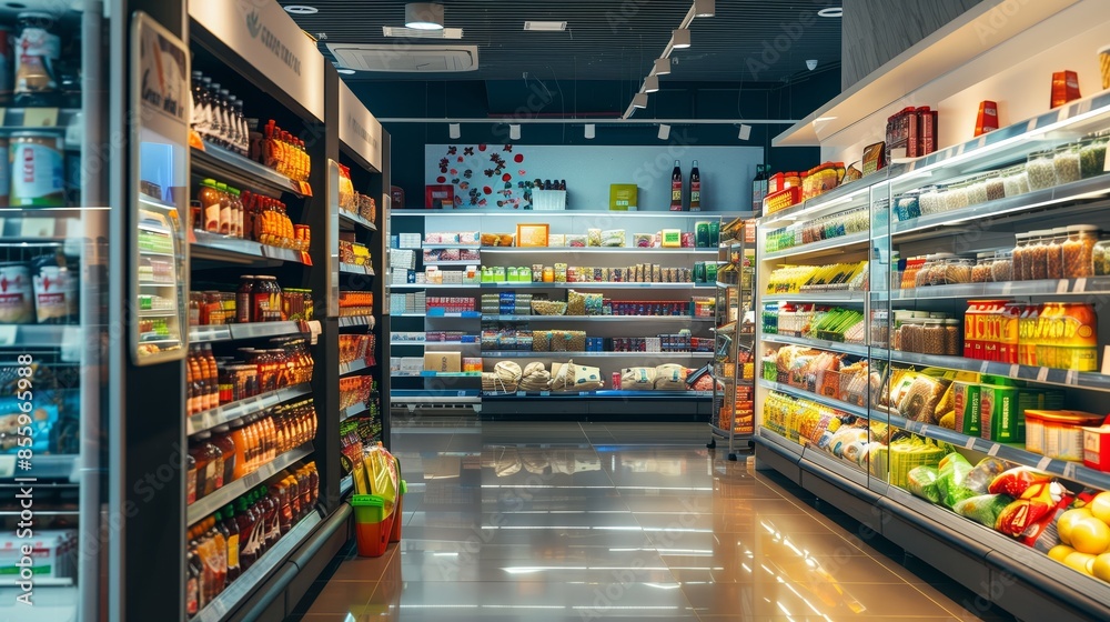 Fototapeta premium A supermarket with lots of goods on the shelves