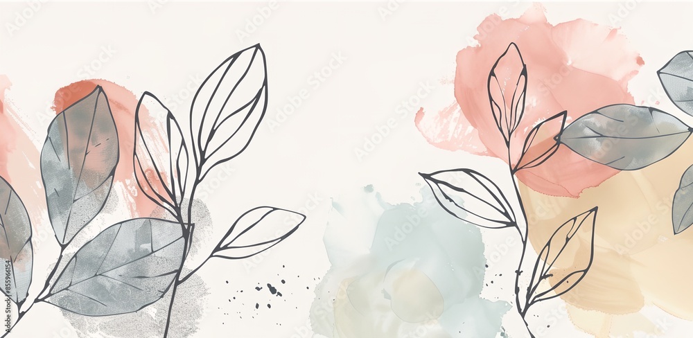 A watercolor painting of leaves with a white background. The leaves are drawn in black and the background is a mix of pink and blue. The painting has a calming and peaceful mood A watercolor painting of leaves with a white background. The leaves are drawn in black and the background is a mix of pink and blue. The painting has a calming and peaceful mood