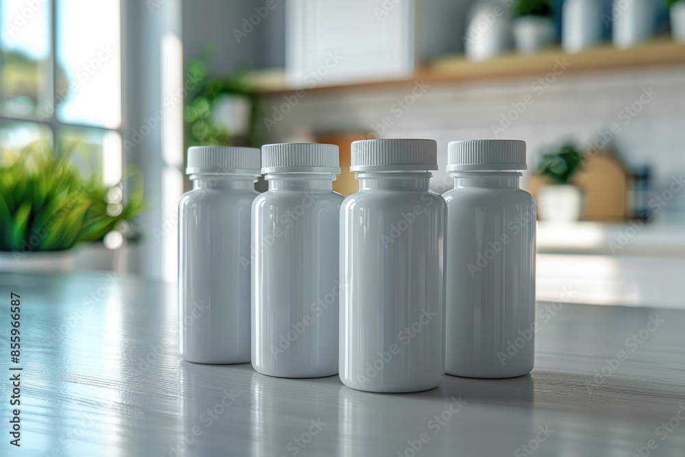 Mockup white supplement bottles. Medical and Pharmacy concept Mockup white supplement bottles. Medical and Pharmacy concept