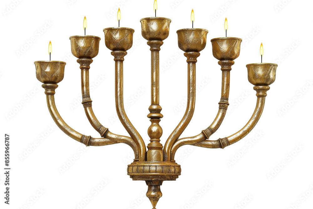 Elegant seven-branched candelabrum made of brass with burning candles. Perfect for religious ceremonies, festive decorations, or antique collections. Elegant seven-branched candelabrum made of brass with burning candles. Perfect for religious ceremonies, festive decorations, or antique collections.