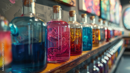 Row of colorful bottles filled with glowing liquids on a shelf.