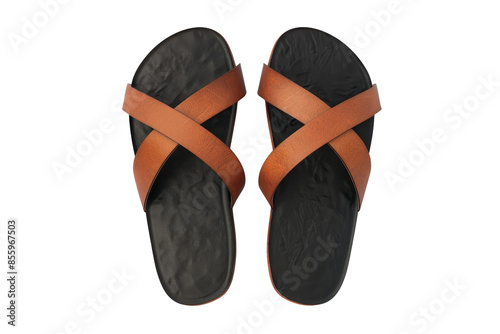 Top view of a pair of black and brown crisscross sandals isolated on transparent background. Modern and stylish footwear for summer comfort.