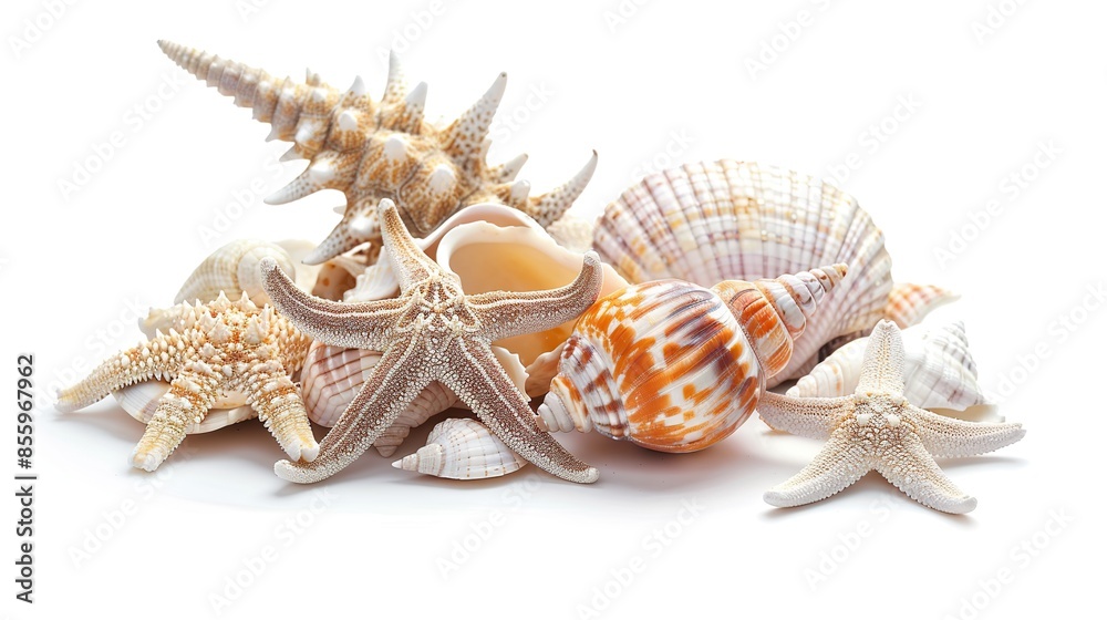 Bunch of shells and starfish isolated on white background Bunch of shells and starfish isolated on white background