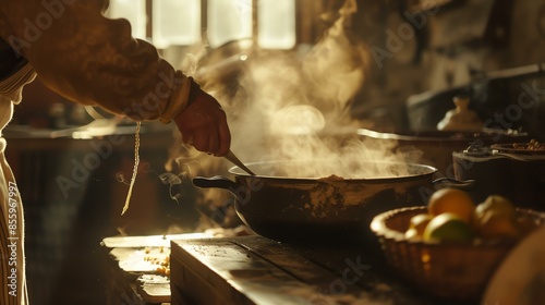 A captivating image capturing the essence of traditional cooking in a quaint, rustic kitchen. Soft, natural light bathes the scene, amplifying the tantalizing steam that gracefully rises fro photo