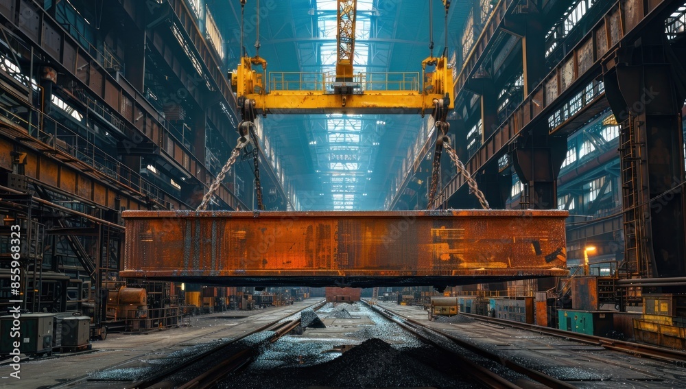 Fototapeta premium Industrial Crane Lifting a Metal Beam in a Factory