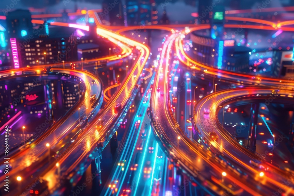 Fototapeta premium A cityscape with a street light and highway with cars driving
