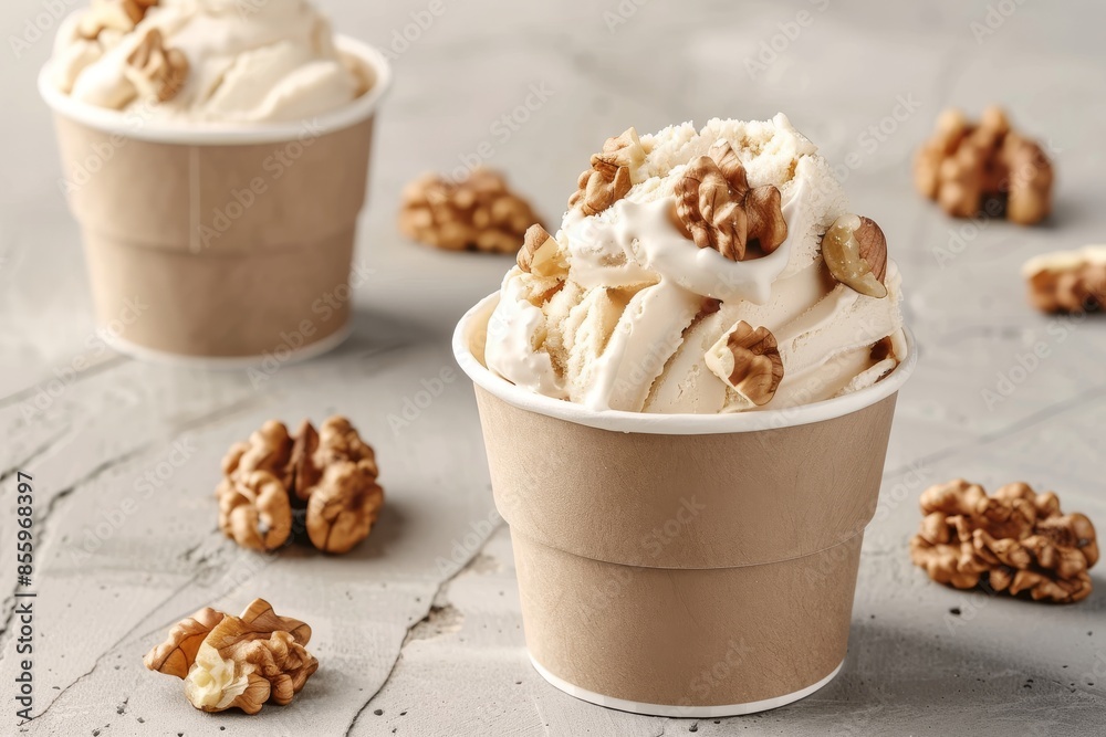 Studio shot of walnuts ice cream in paper cup Studio shot of walnuts ice cream in paper cup