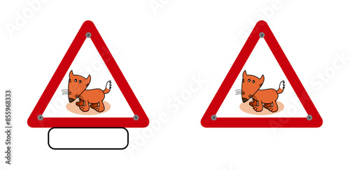 A cute orange fox with a traffic sign on a white background - vector
