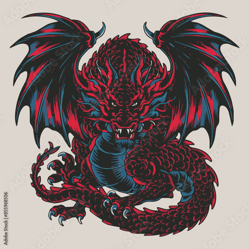 A fierce red dragon with spread wings, claws, and a powerful stance